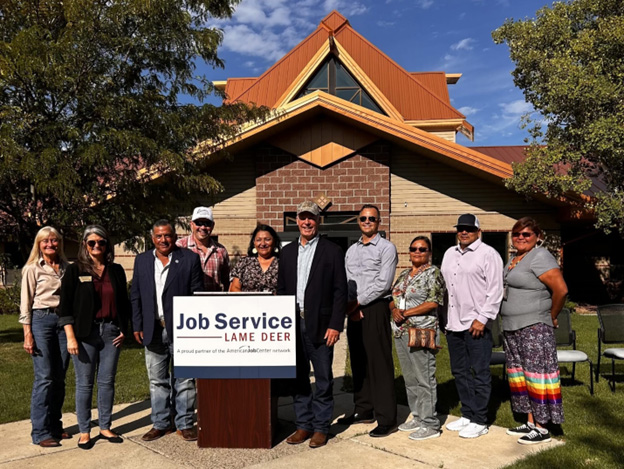 First Lady Susan Gianforte, DLI Commissioner Sarah Swanson, President Gene Small, Senator Gayle Lammers, Councilwoman Melissa Lonebear, Governor Greg Gianforte, DLI Tribal Liaison Donnie Wetzel, Jr., Councilwoman Theresa Small, Councilman Howard Ontiveros, Councilwoman Gwen Talawyma attend the Grand opening.
